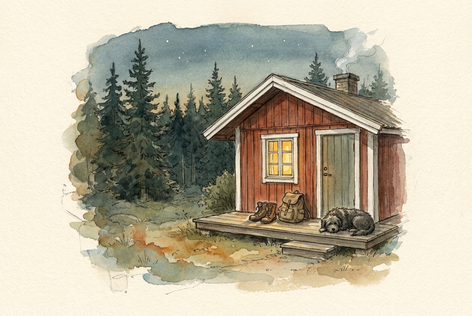 Watercolour of a red cabin at dusk with a lit window, boots on the step and a dog asleep on the porch