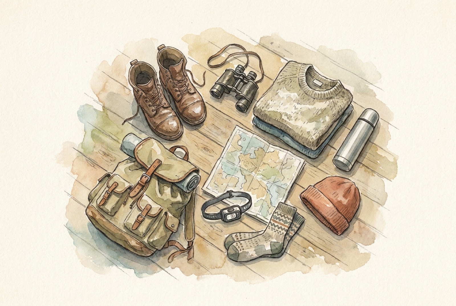 Watercolour of boots, a rucksack, binoculars, a map and a woollen hat laid out on boards