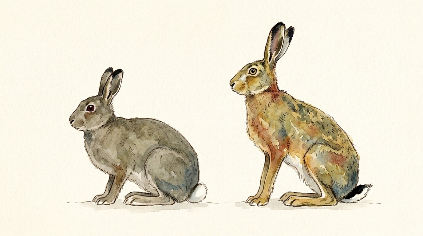 Watercolour plate of a mountain hare and a brown hare side by side