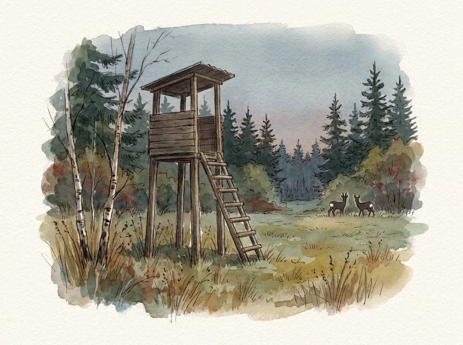 Watercolour of a wooden high seat at a forest clearing, deer in the distance