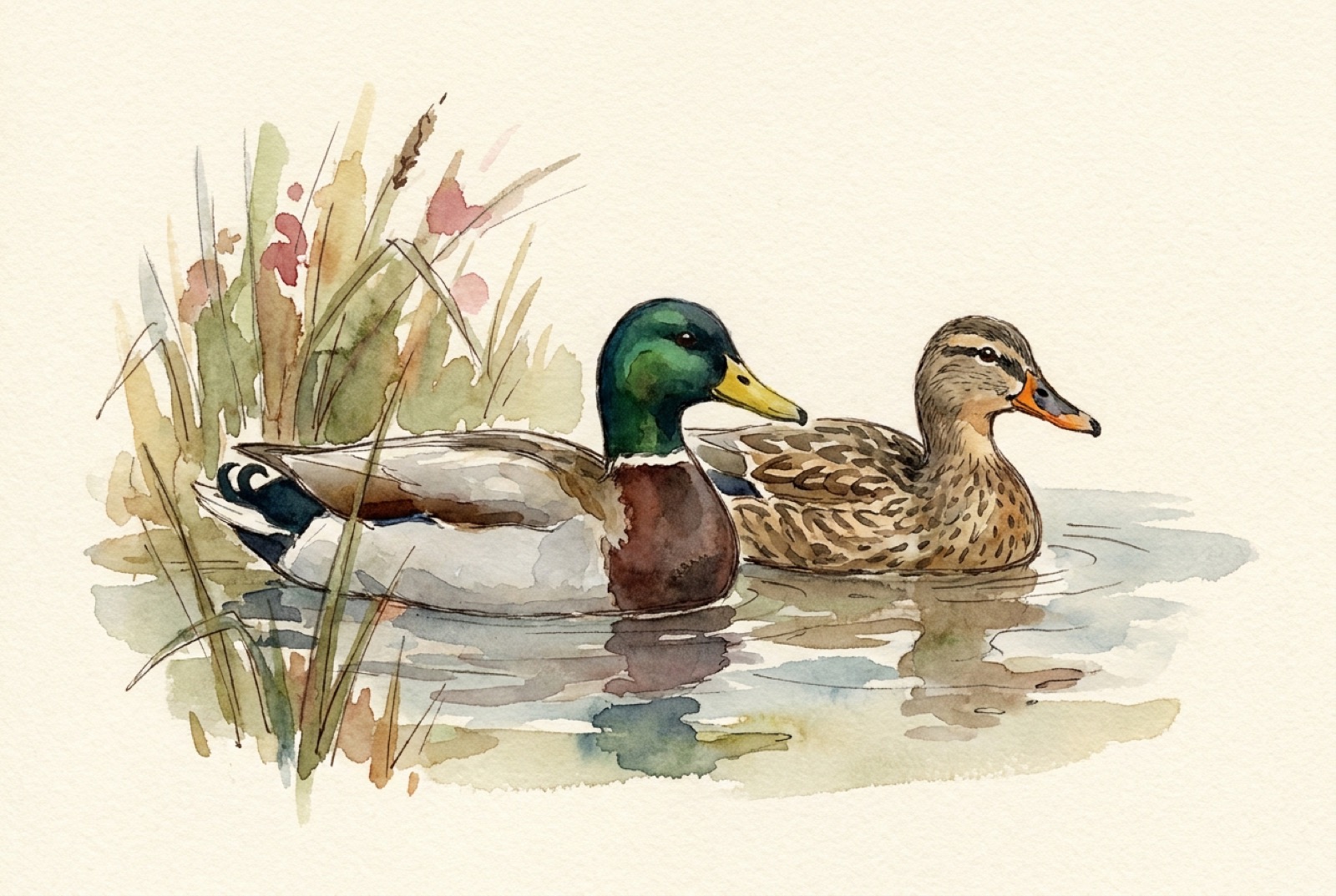 Watercolour plate of a mallard drake and duck among reeds