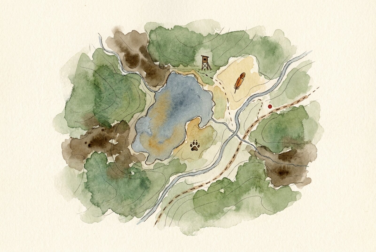Watercolour map of a hunting ground with a lake, a stream and small markers