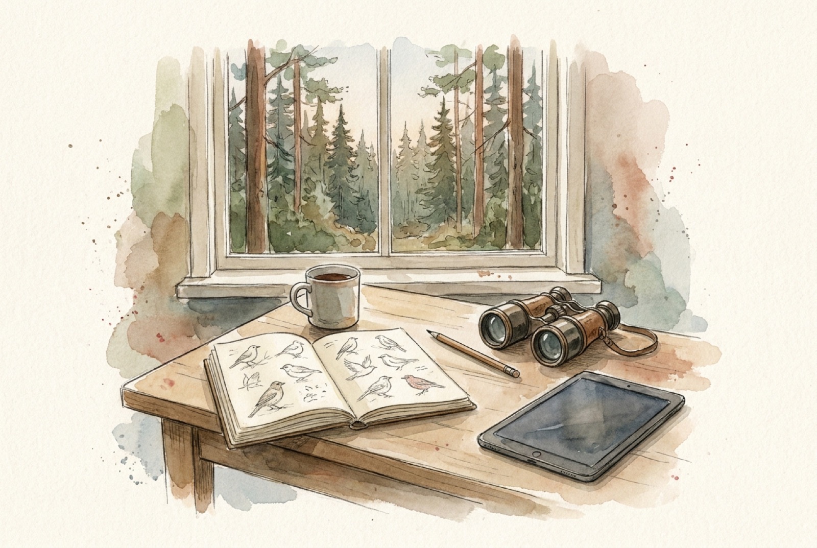 Watercolour: a desk at a window with a notebook, binoculars and coffee, forest outside